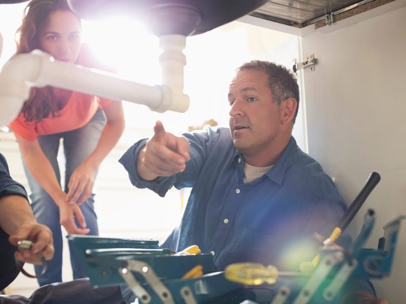 Plumbers,Working,On,Pipes,Under,Sink